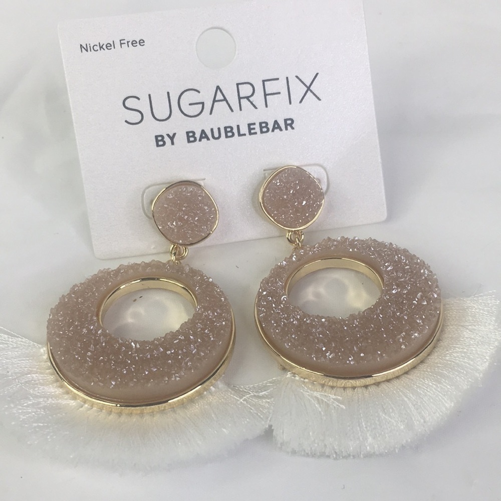 New Sugarfix Baublebar fringe glitter droozy earrings pink white